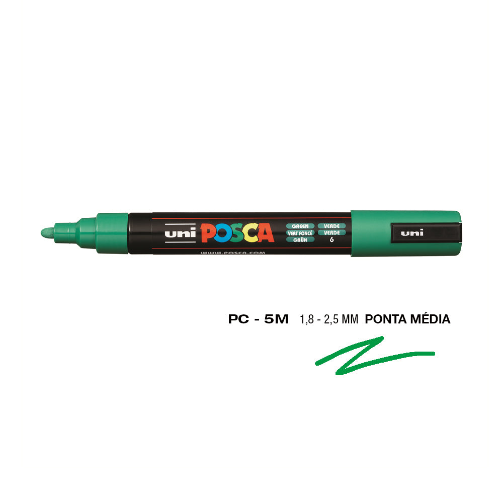 Conjunto de 6 marcadores UniBall Posca PC-5M verdes, caneta para arte e desenho com ponta de 1,8mm.