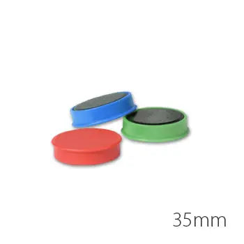 Magnetos coloridos de 35mm da Q-Connect, pacote com 10 unidades, em cores vibrantes, ideal para fixação e organização.