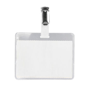 Conjunto de 25 porta-nomes horizontais Q-Connect de 90x60mm com mola, para identificação em escritórios e eventos.