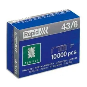 Agrafos de costura Rapid 43/6 para têxtil, caixa com 10.000 unidades, prontos para trabalho artesanal ou industrial.