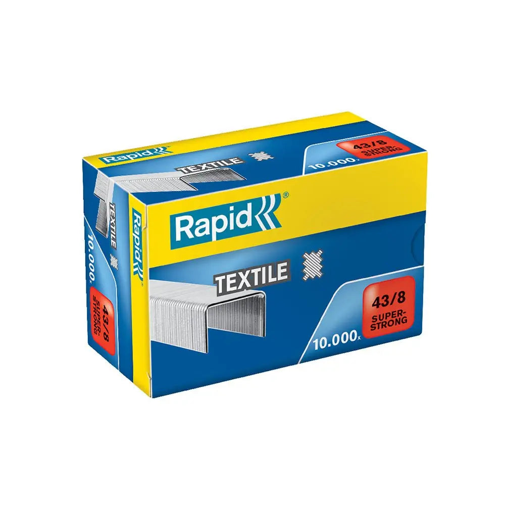 Agrafos Rapid 43/8 para tecido, pacote com 10.000 unidades, ideal para costura e trabalhos manuais em tecido.