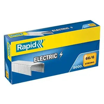 Agrafos Rapid 66/6 elétricos, caixa com 5000 unidades, para prender de 2 a 20 folhas de papel.