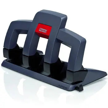 Furador de 4 furos para 30 folhas da marca Rapid, modelo SP34, na cor preta, com acabamento em plástico resistente.