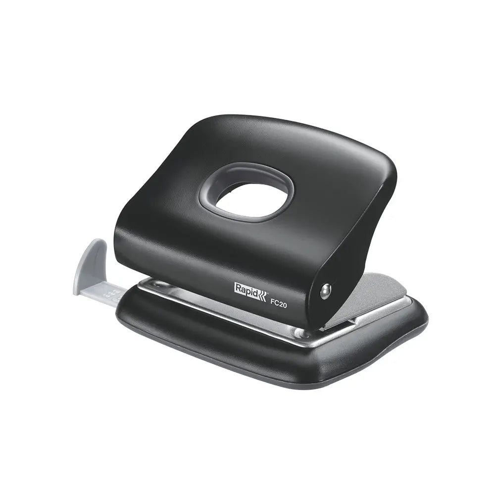 Furador Rapid FC20 preto para 20 folhas, novo modelo, ferramenta de papel para arquivamento eficiente.