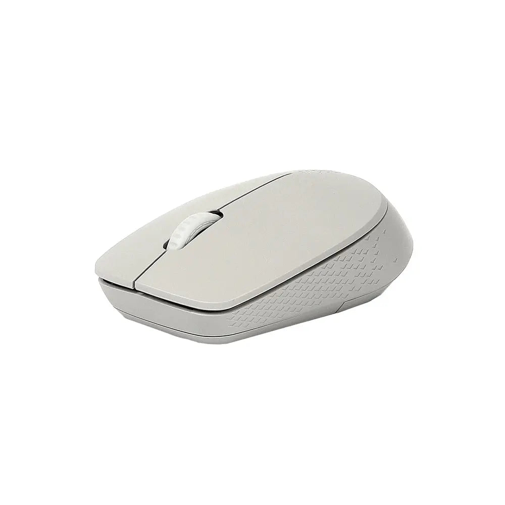 Rato sem fio silencioso Rapoo M100 na cor cinza claro, com design ergonômico para conforto e silêncio.