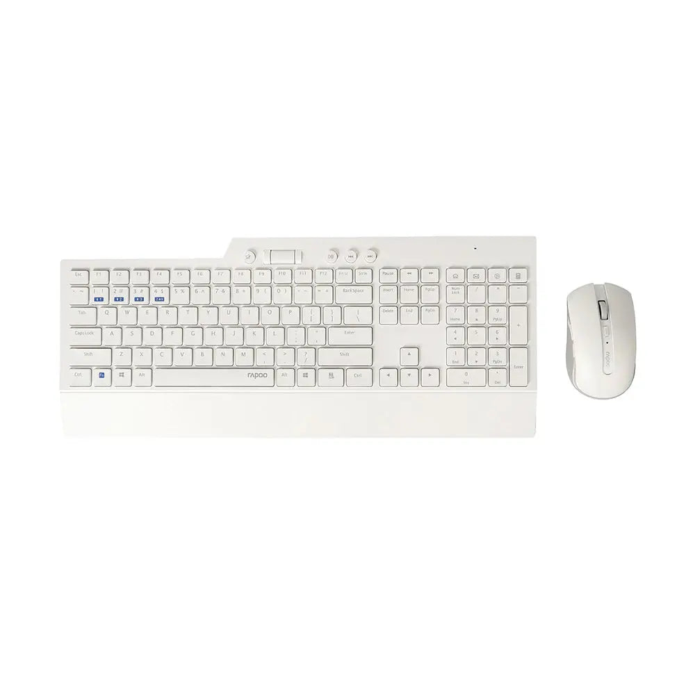 Teclado e rato wireless Rapoo 8200T branco, compacto e confortável, com design moderno para uso prático e eficiente.