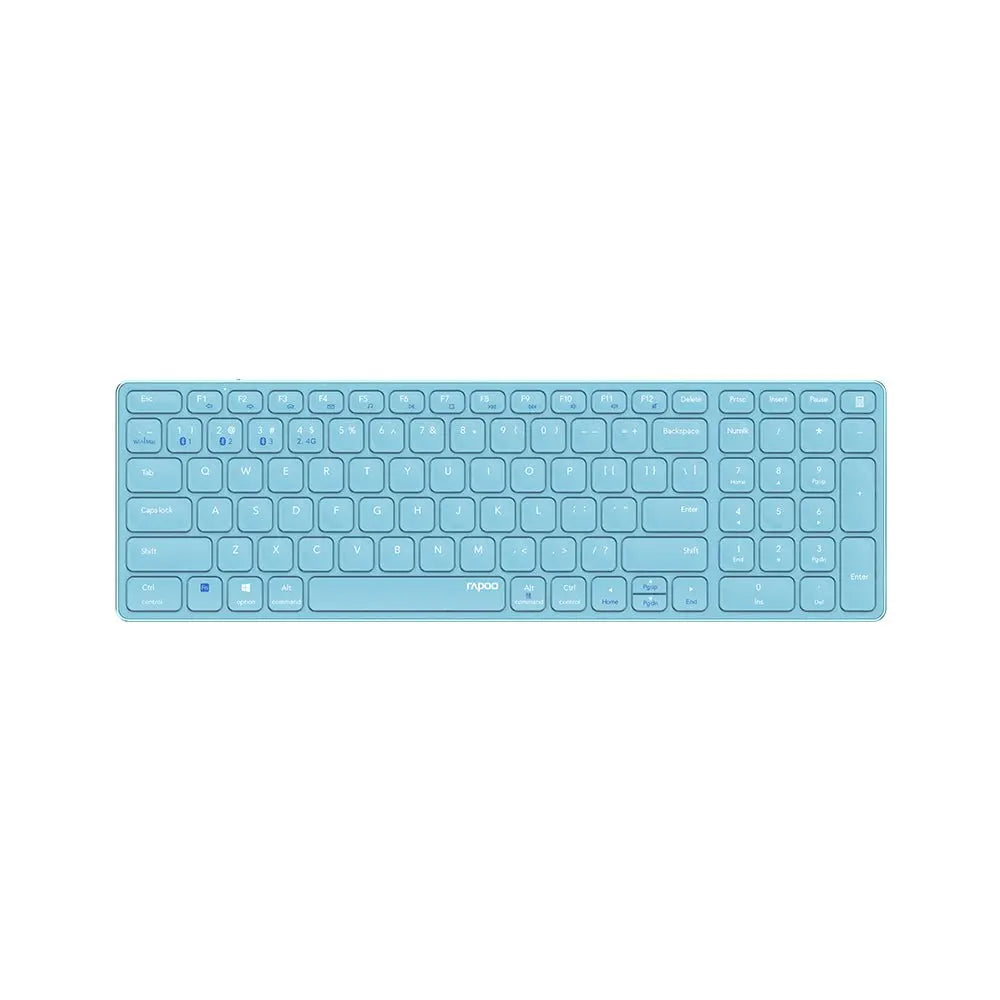 Teclado wireless Rapoo E9700M ultra-slim azul, com design compacto e confortável, ideal para uso prático e eficiente.