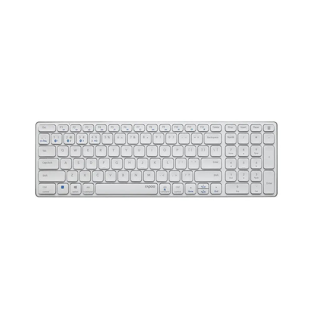 Teclado wireless Rapoo E9700M ultra-slim branco, com design compacto e teclas confortáveis para digitação leve.