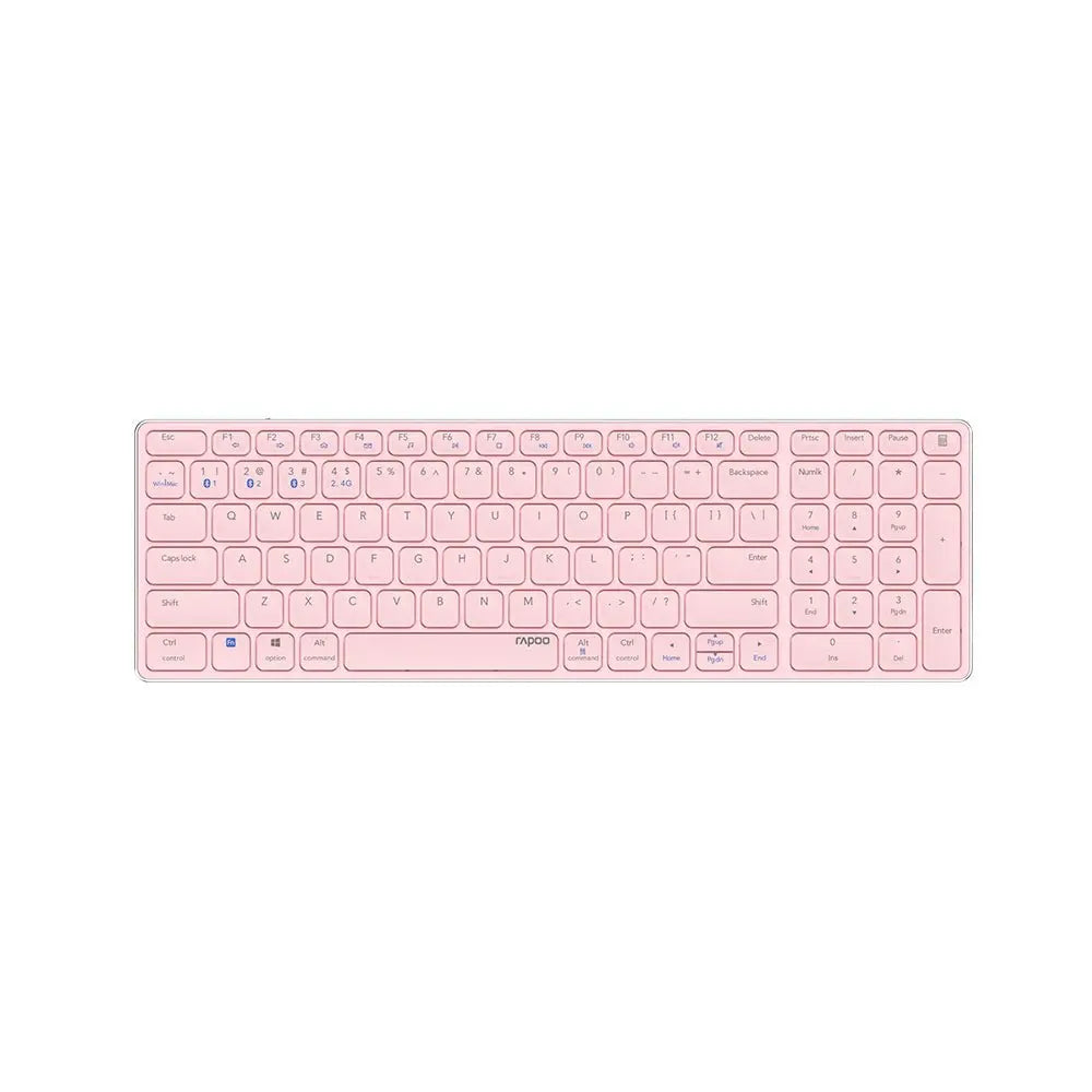 Teclado wireless rosa Rapoo E9700M Ultra-Slim, compacto, elegante, com design fino e moderno, ideal para computadores e notebooks.