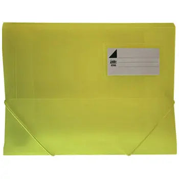 Pasta plástica A4 Roma com elásticos e três abas transparentes amarelas para organização de documentos.