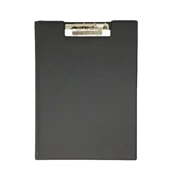 Prancheta A4 de plástico preto Roma com capa e bolsa interior, ideal para organização e transporte de documentos.