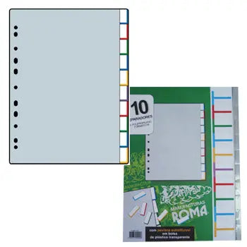 Separadores A4 de plástico com pestana Roma, conjunto de 10 unidades na cor cinza, ideal para organização de documentos.