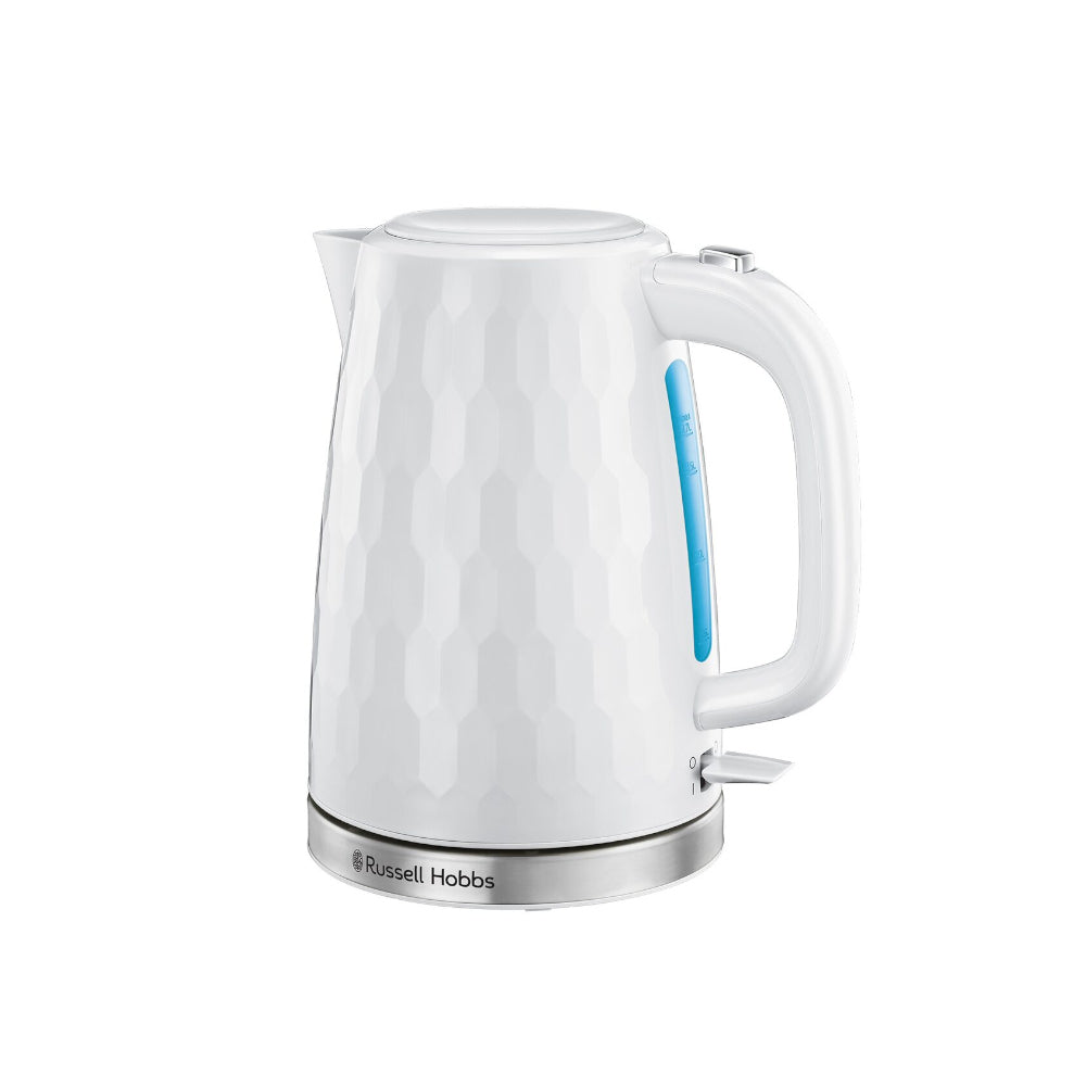Jarro elétrico Russell Hobbs Honeycomb branco para aquecimento de líquidos, com design moderno e controle fácil.