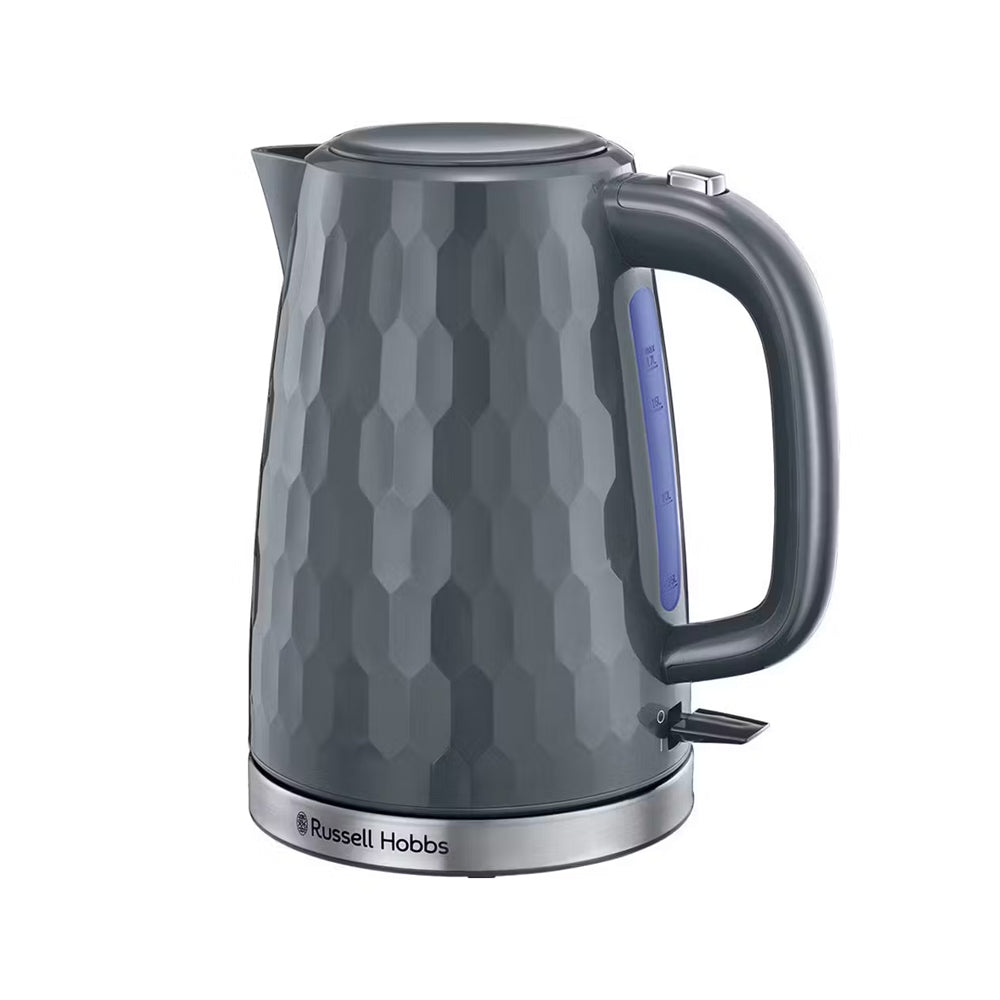 Jarro elétrico Russell Hobbs Honeycomb cinza com design moderno, visor de nível e botões de controle na parte superior.