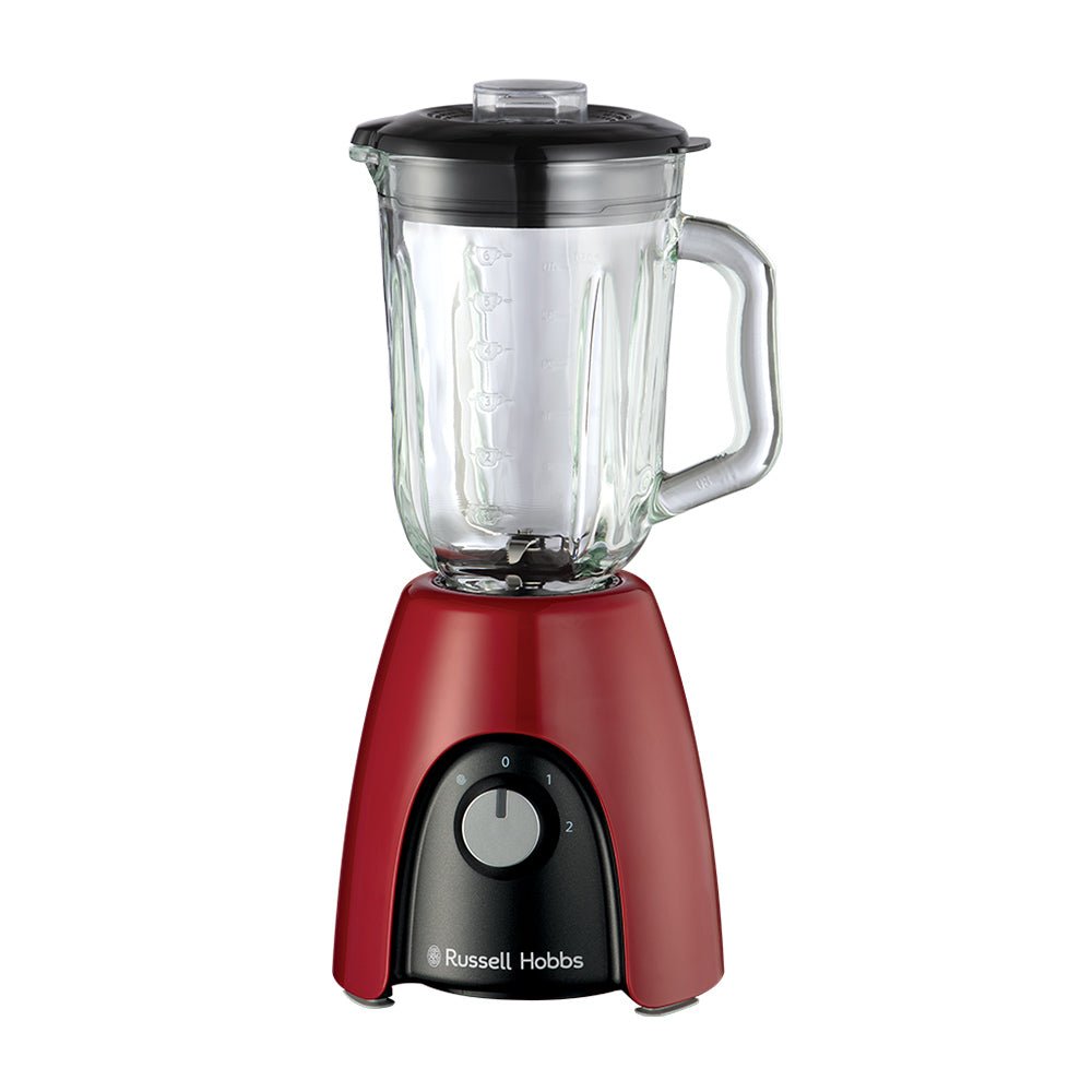 Liquidificador Russell Hobbs vermelho de 1,5L, com design elegante e alta performance, mostrando o aparelho em destaque.