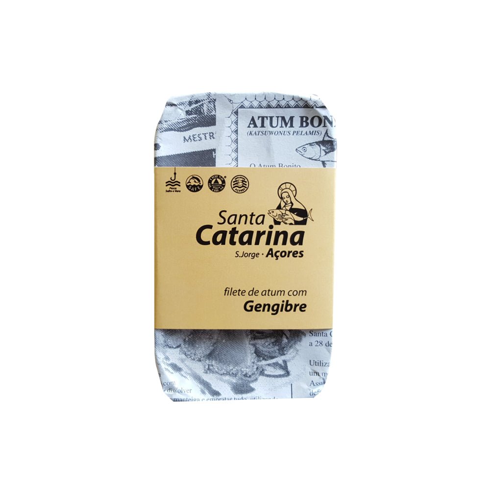 Filete de atum Santa Catarina com gengibre, 120g, em lata de mercearia, apresentação do produto em lata com rótulo.