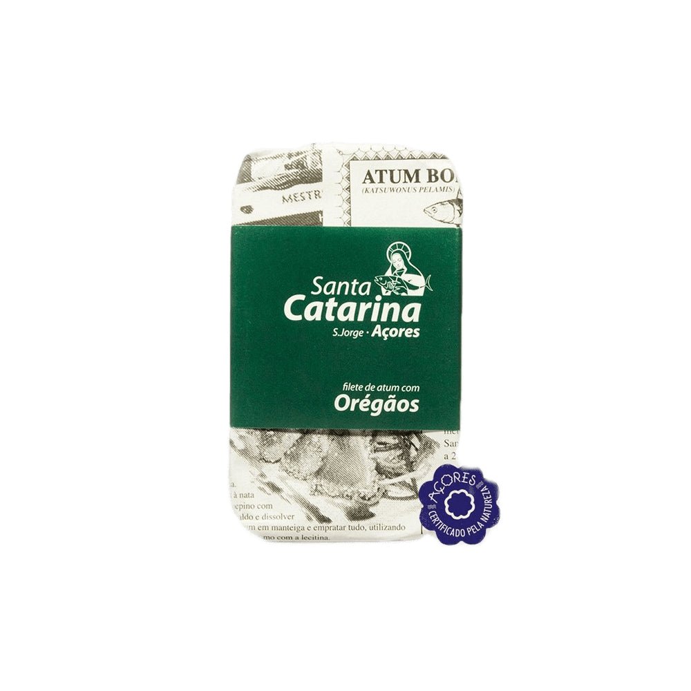 Filete de atum Santa Catarina com orégãos em lata de 120g, produto de mercearia de alta qualidade.
