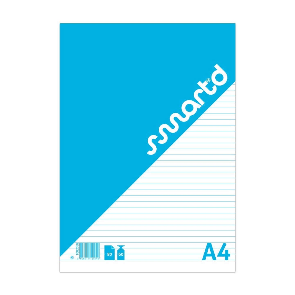 Bloco de notas A4 pautado SmartD, bloco colado com 80 folhas, papel branco para anotações e estudos.