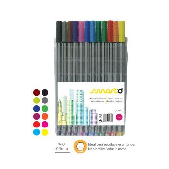 Marcadores Fineliner SmartD 0,5mm com 12 cores, ideal para escrita e desenho, exibidos em pacote com 12 unidades.