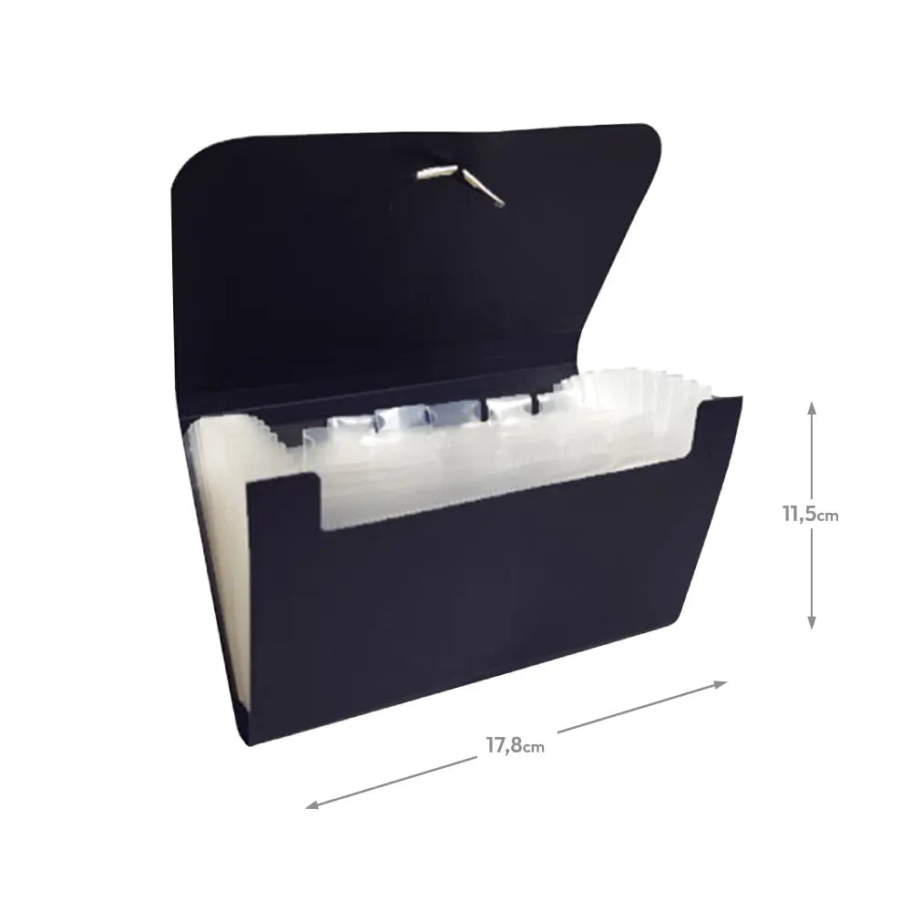 Pasta classificadora preta SmartD com fole elástico, tamanho 178x115mm, para organização de documentos.