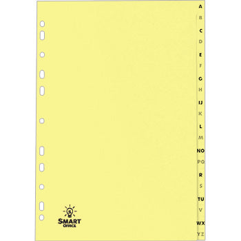 Separadores em cartolina A4 180g com índice A-Z para organização, marca SmartD, visíveis com divisórias coloridas.
