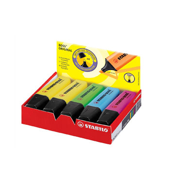 Conjunto de 10 marcadores fluorescentes Stabilo com 4 cores diferentes, ideal para destacar textos e anotações.