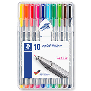 Conjunto de 10 marcadores Staedtler Triplus finos 0,3mm com cores variadas, ideal para escrita e desenho detalhado.