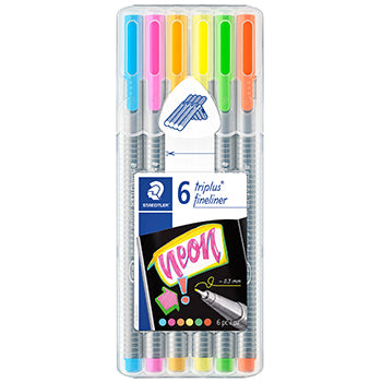 Conjunto de 6 marcadores Staedtler Triplus Neon com ponta fina de 0,3mm, cores vibrantes para escrita e destaque.