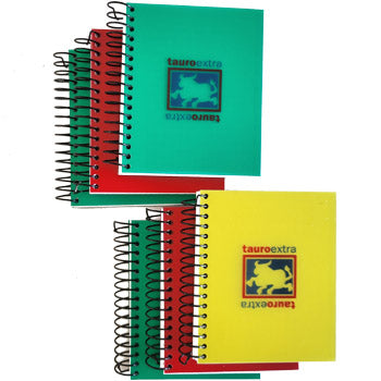 Conjunto de 6 blocos de notas A7 quadriculados da Tauro, com 100 folhas cada, espiral, em cores sortidas.