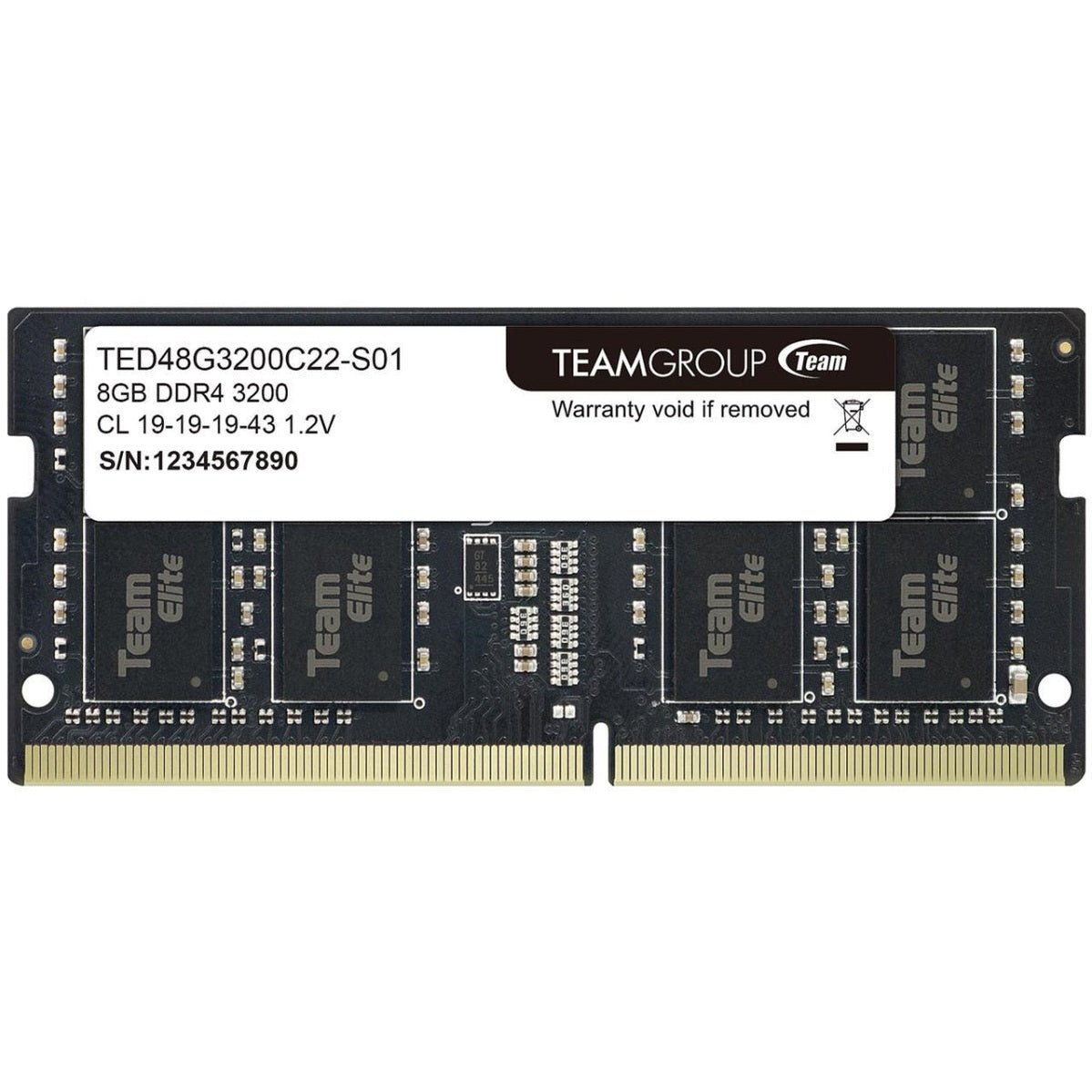 Memória portátil TeamGroup Elite DDR4 8GB, 3200MHz, SODIMM, CL22, 1.2V, compatível com laptops e ultrabooks.