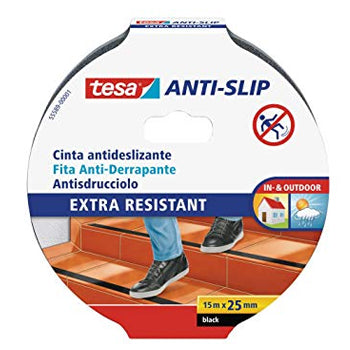 Fita antiderrapante Tesa preta de 25mm x 15m, resistente e segura para pisos e escadas.