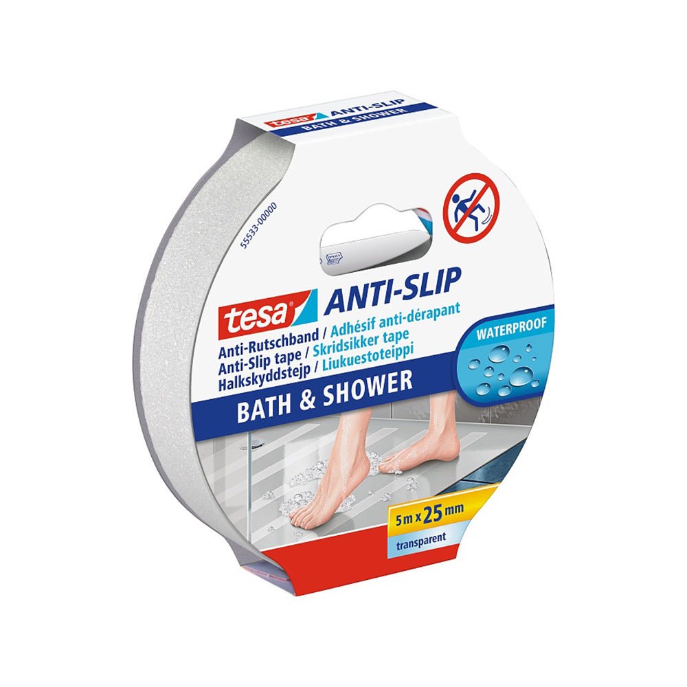 Fita antiderrapante Tesa transparente de 25mm x 5m para banheiro, com textura antiderrapante visível na imagem.