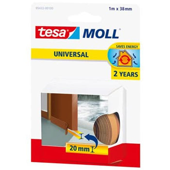 Fita adesiva de espuma dupla face Tesa para vedação de portas, 38mm x 1m, visível na imagem.