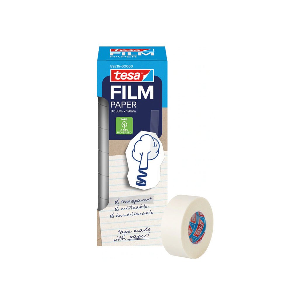 Fita adesiva Tesa Tesafilm de 19mm x 33m, pack com 8 unidades, mostrando as fitas adesivas transparentes.