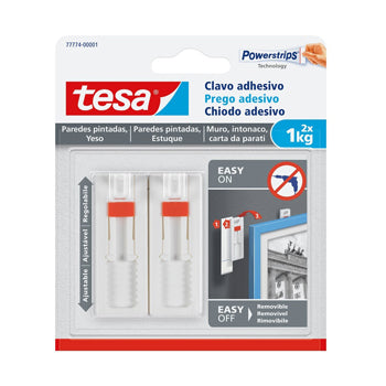 Fixadores Tesa Powerstrips com pregos adesivos, 1kg, 2 unidades para fixação em superfícies porosas, imagem do produto.