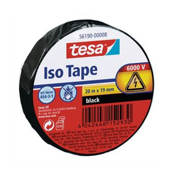 Fita isolante Tesa preta de 19mm por 20m, usada para isolamento elétrico seguro e resistente.