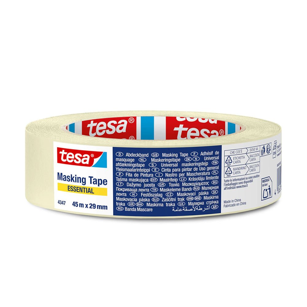 Fita adesiva crepe Tesa Essential 29mm x 45m para pinturas, fita de alta qualidade, resistente e fácil de usar.