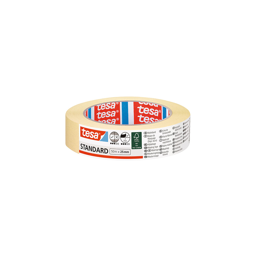 Fita crepe Tesa de 25mm x 50m, resistente e ideal para pinturas, com acabamento que facilita a fixação e proteção de superfícies.