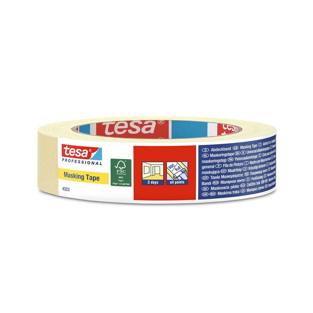 Fita adesiva crepe Tesa 25mmx50m para pinturas, resistente e fácil de aplicar, ideal para trabalhos profissionais.