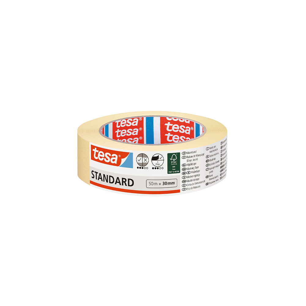 Fita adesiva crepe Tesa 30mm x 50m para reparos e fixações, com superfície marrom e acabamento adesivo.