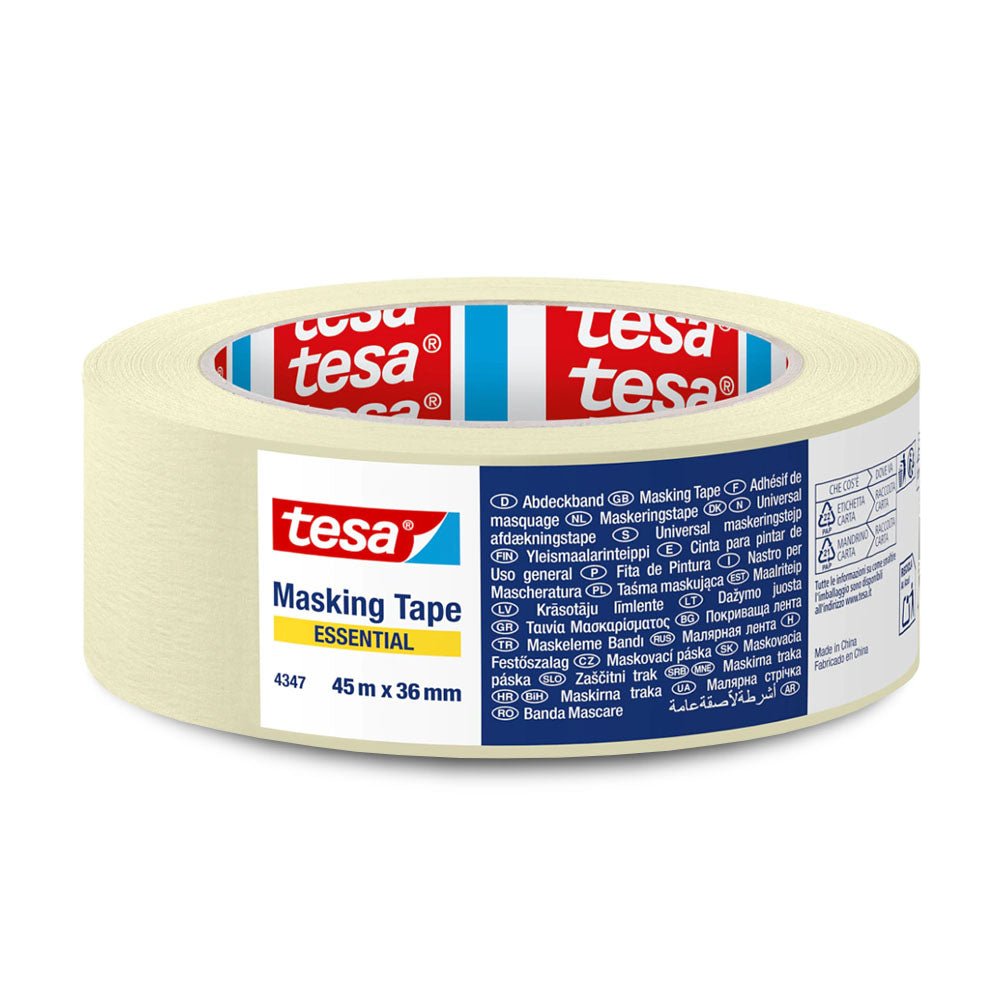 Fita crepe Tesa Essential 36mm x 45m para fixação e reparos, fita de pintura de fácil uso e alta aderência