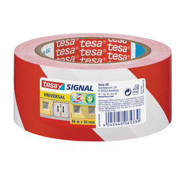 Fita adesiva de sinalização vermelha e branca Tesa, PP, 50mm x 66m, para delimitação e segurança em ambientes industriais.