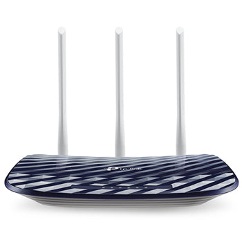 Roteador Wi-Fi AC750 Dual Band TP-Link com 3 antenas fixas para conexão rápida e estável em ambientes domésticos.