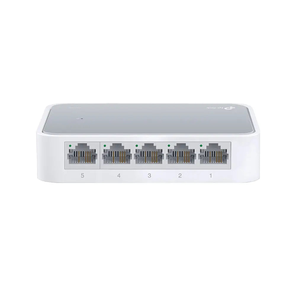 Switch TP-Link de 5 portas 10/100 Mbps, dispositivo de rede compacto e eficiente com conexões Ethernet rápidas.