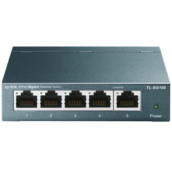 Switch Gigabit TP-Link TL-SG105 de 5 portas, resistente e metálico, ideal para conexão rápida de rede local.