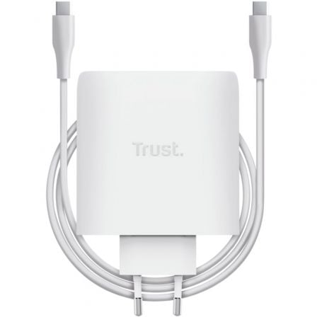 Adaptador USB-C Trust Maxo 100W GaN para Mac e PC com 2 portas e cabo branco, carregador compacto para smartphones.