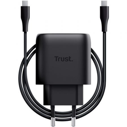 Adaptador USB-C Trust Maxo 45W com cabo preto para Samsung, carregador portátil para smartphones.