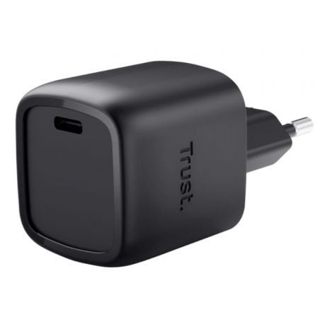 Carregador GaN Trust MAXO 30W USB-C preto para smartphones, compacto e eficiente para carregamento rápido e universal.