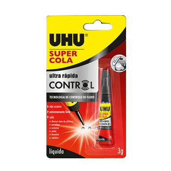 Cola ultra rápida UHU de 3g, cola de controle para bricolagem, embalagem blister com uma unidade, ideal para reparos rápidos.