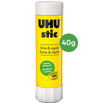 Cola stick UHU de 40g, cola rápida e prática para artes e escritório, com embalagem azul e tampa branca.